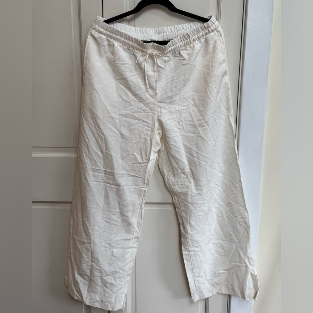 H&M Linen Blend Pants Size Large White Wide Leg Drawstring Summer NWT